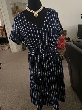 Navy Stripe V-Neck Belted Dress by Sucrefas.
